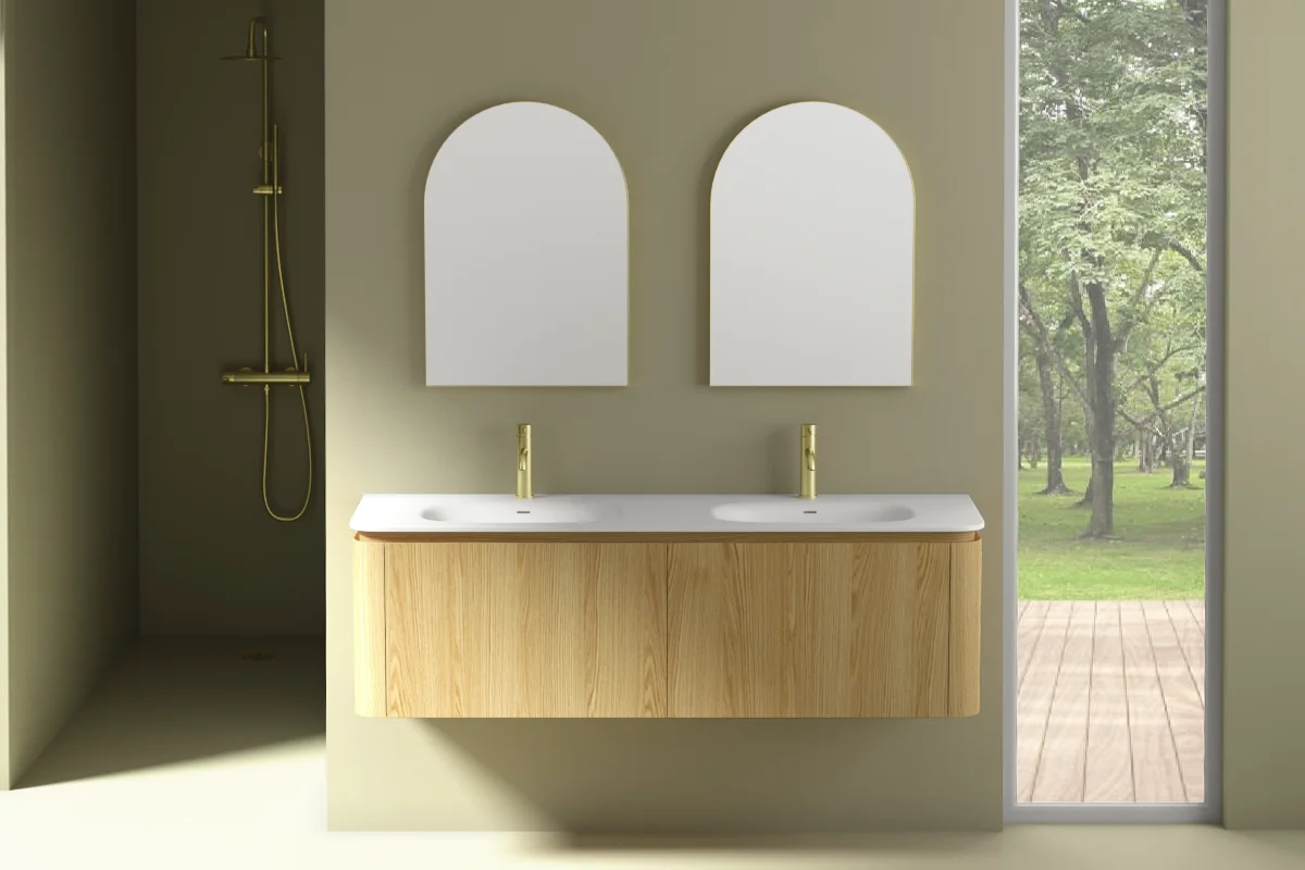 Meuble suspendu 150 cm, placage chêne naturel avec plan vasque en résine minérale blanc mat, Chloé